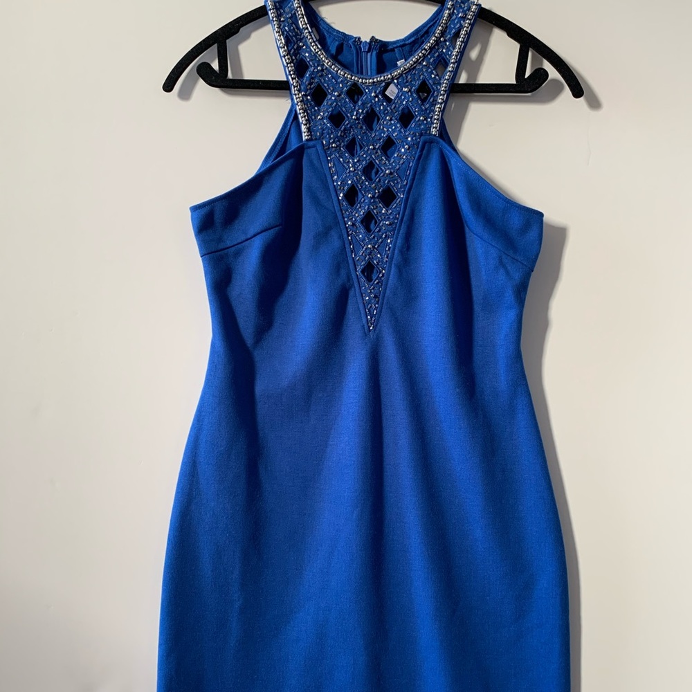 Esley royal blue beaded party dress cutouts, sexy, stretch bodycon. Size medium
